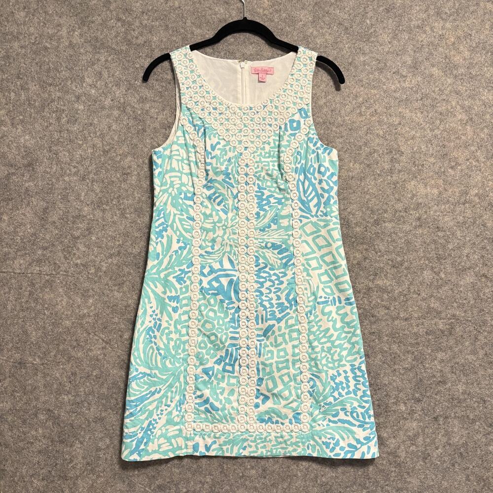Lilly Pulitzer Dress Women Size 4 Blue Floral Cotton Crochet Trim Shift Back Zip